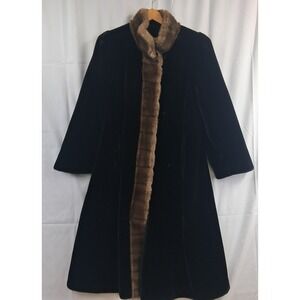 Vintage Black‎ Velvet Faux Fur Trim Coat Career Originals Size 36